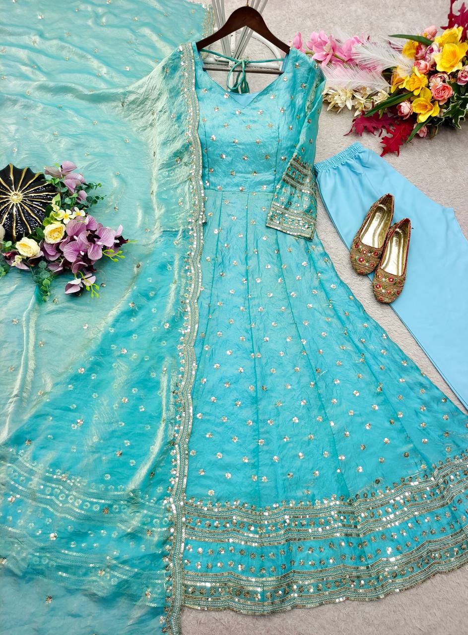 Designer Sky Blue Pure Fendy Silk Sequence Embroidery Gown, Pant & Dupatta Set with Latkan Dori