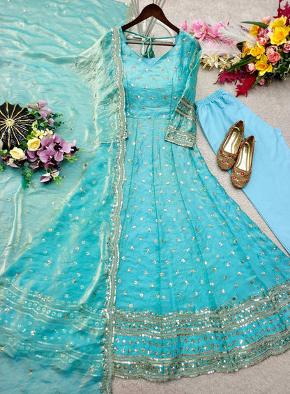 Designer Sky Blue Pure Fendy Silk Sequence Embroidery Gown, Pant & Dupatta Set with Latkan Dori