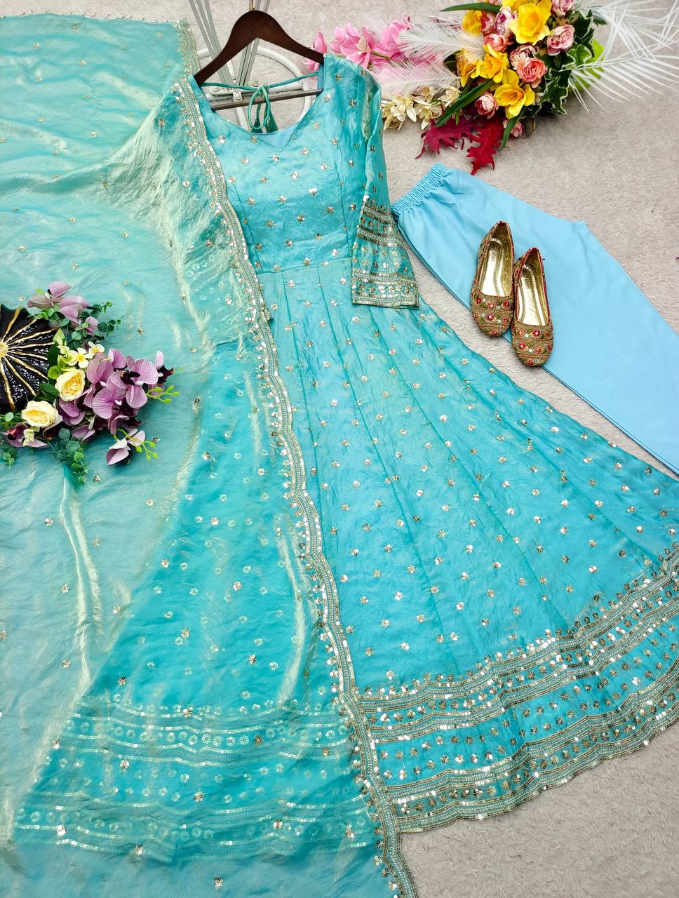 Designer Sky Blue Pure Fendy Silk Sequence Embroidery Gown, Pant & Dupatta Set with Latkan Dori