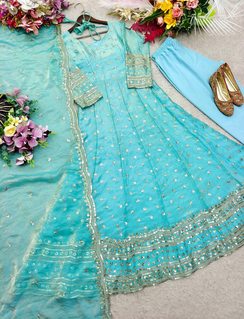 Designer Sky Blue Pure Fendy Silk Sequence Embroidery Gown, Pant & Dupatta Set with Latkan Dori