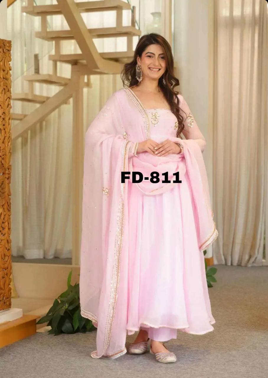 Designer Light Pink Pure Fox Georgette Sequence Embroidery Gown, Pant & Dupatta Set with Padded Bust & Latkan