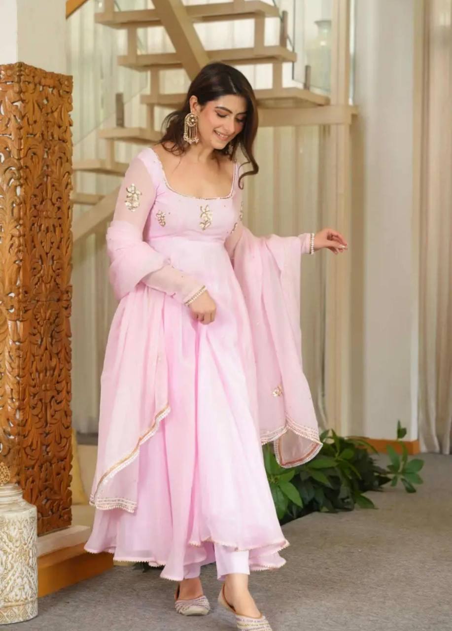 Designer Light Pink Pure Fox Georgette Sequence Embroidery Gown, Pant & Dupatta Set with Padded Bust & Latkan