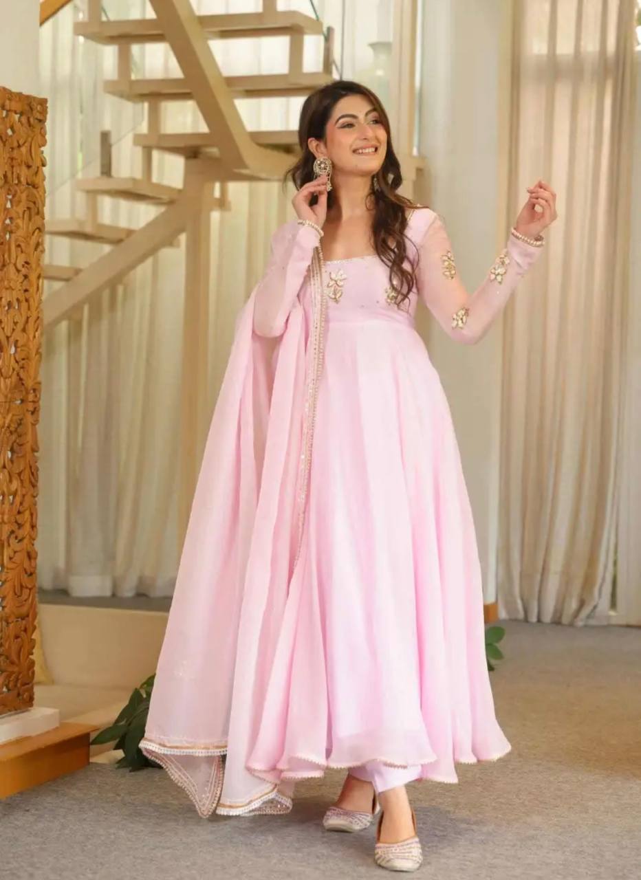 Designer Light Pink Pure Fox Georgette Sequence Embroidery Gown, Pant & Dupatta Set with Padded Bust & Latkan