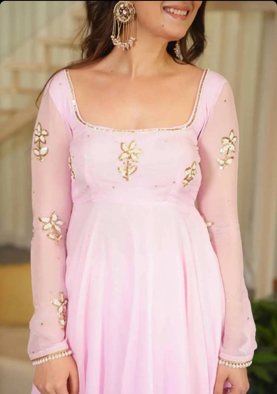 Designer Light Pink Pure Fox Georgette Sequence Embroidery Gown, Pant & Dupatta Set with Padded Bust & Latkan