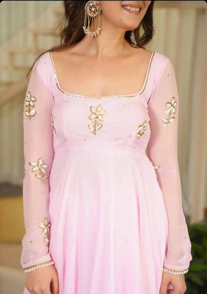 Designer Light Pink Pure Fox Georgette Sequence Embroidery Gown, Pant & Dupatta Set with Padded Bust & Latkan