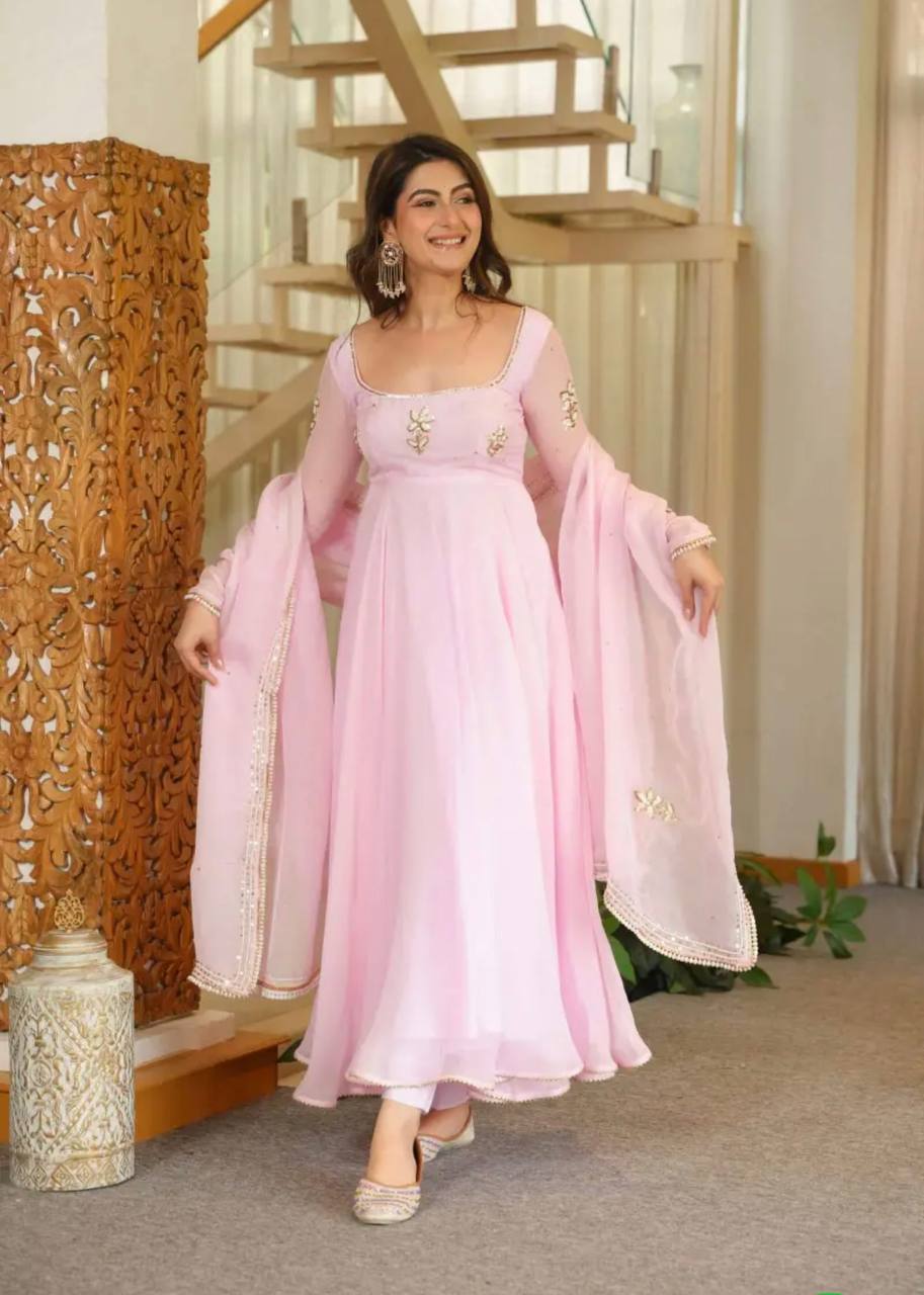 Designer Light Pink Pure Fox Georgette Sequence Embroidery Gown, Pant & Dupatta Set with Padded Bust & Latkan
