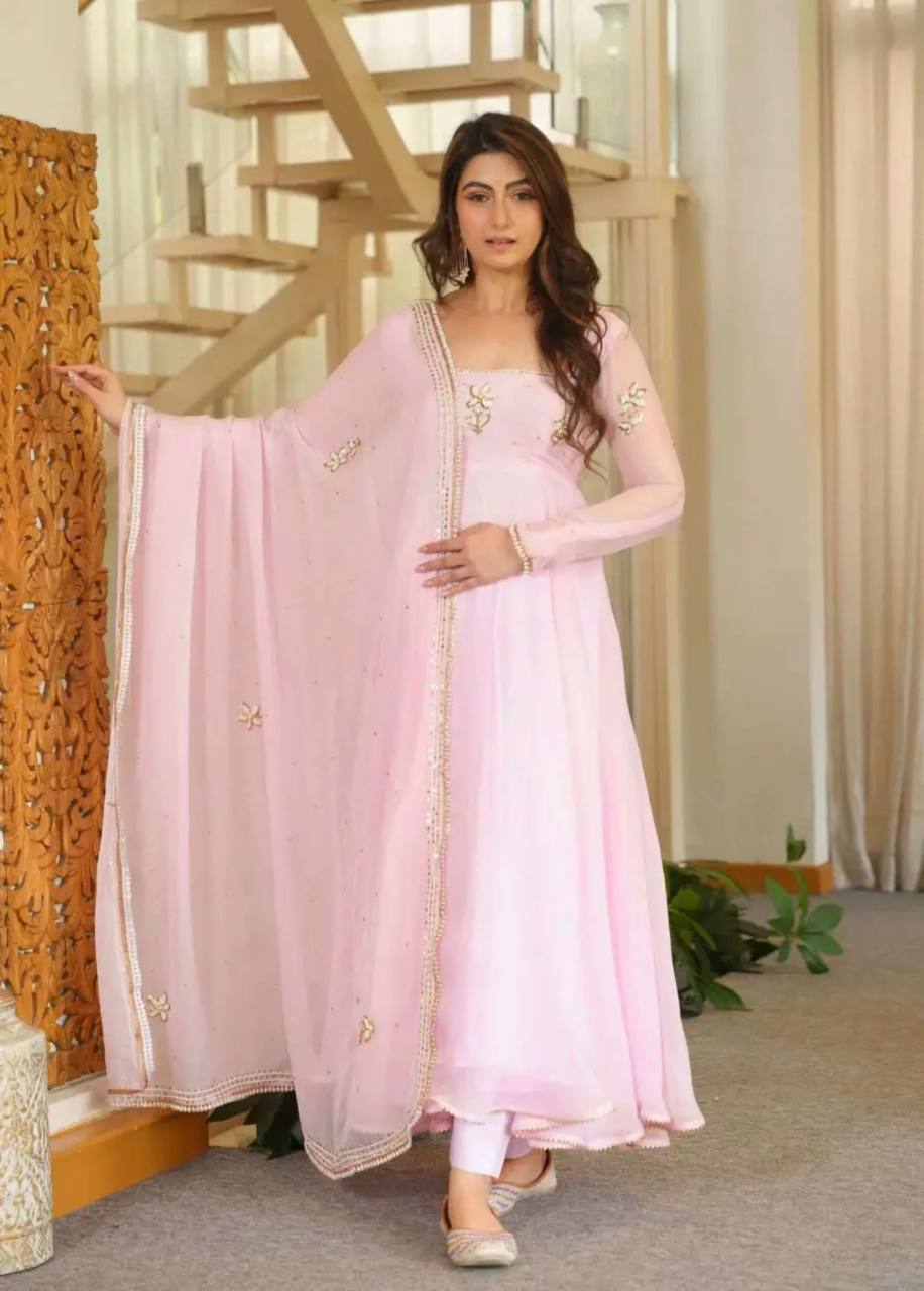 Designer Light Pink Pure Fox Georgette Sequence Embroidery Gown, Pant & Dupatta Set with Padded Bust & Latkan