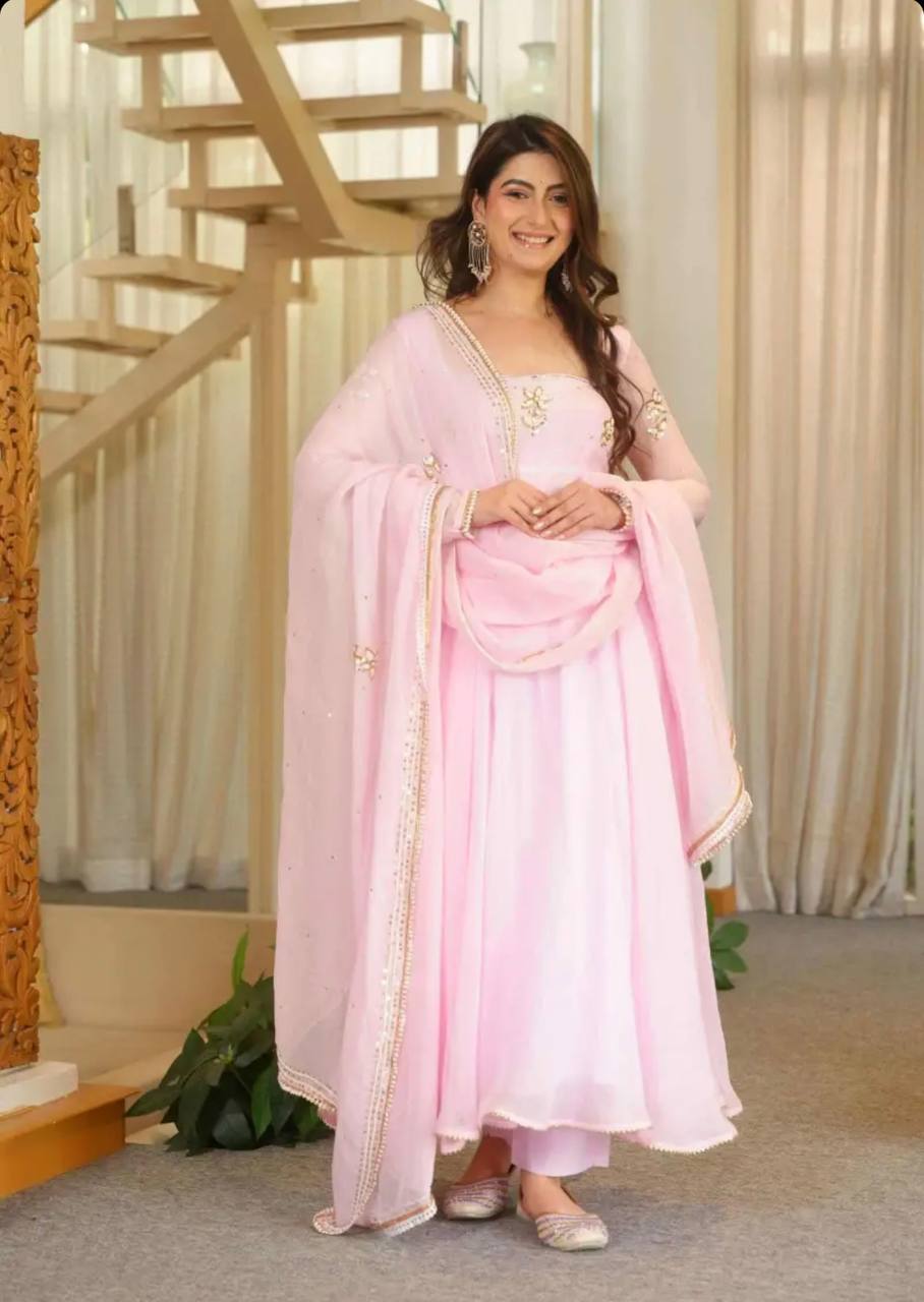 Designer Light Pink Pure Fox Georgette Sequence Embroidery Gown, Pant & Dupatta Set with Padded Bust & Latkan