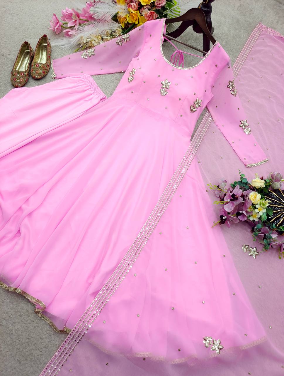 Designer Light Pink Pure Fox Georgette Sequence Embroidery Gown, Pant & Dupatta Set with Padded Bust & Latkan