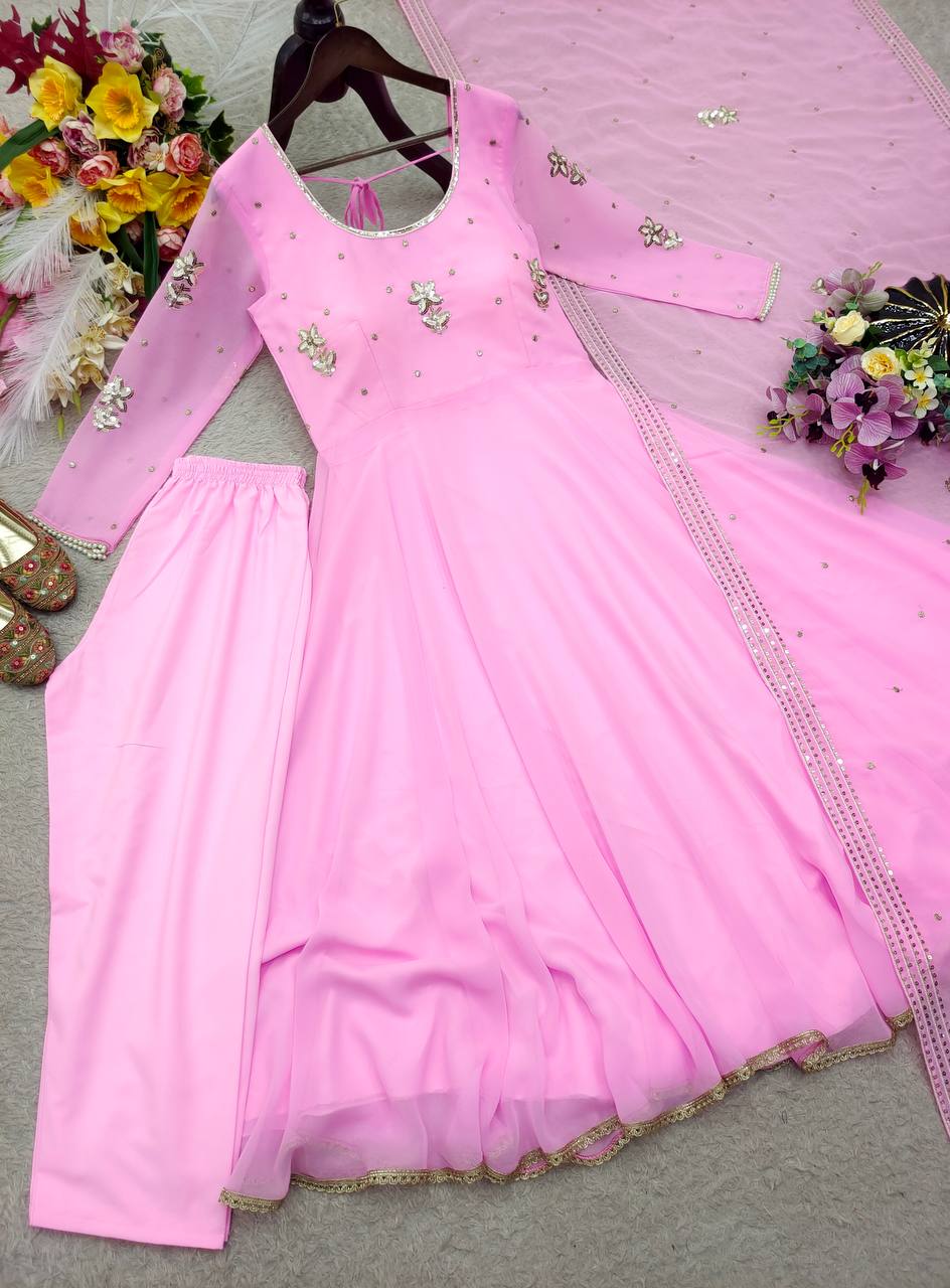 Designer Light Pink Pure Fox Georgette Sequence Embroidery Gown, Pant & Dupatta Set with Padded Bust & Latkan