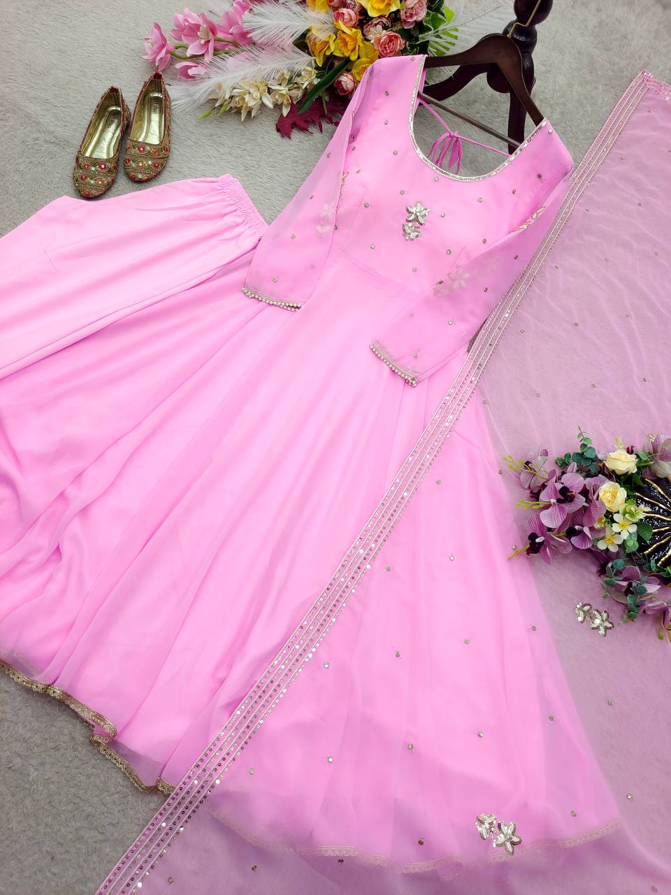 Designer Light Pink Pure Fox Georgette Sequence Embroidery Gown, Pant & Dupatta Set with Padded Bust & Latkan