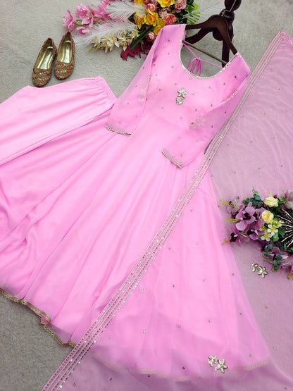 Designer Light Pink Pure Fox Georgette Sequence Embroidery Gown, Pant & Dupatta Set with Padded Bust & Latkan