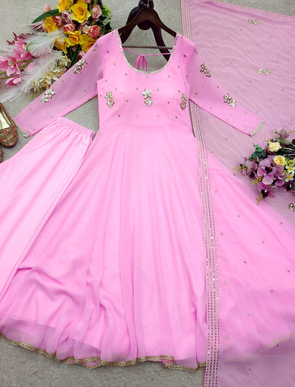 Designer Light Pink Pure Fox Georgette Sequence Embroidery Gown, Pant & Dupatta Set with Padded Bust & Latkan