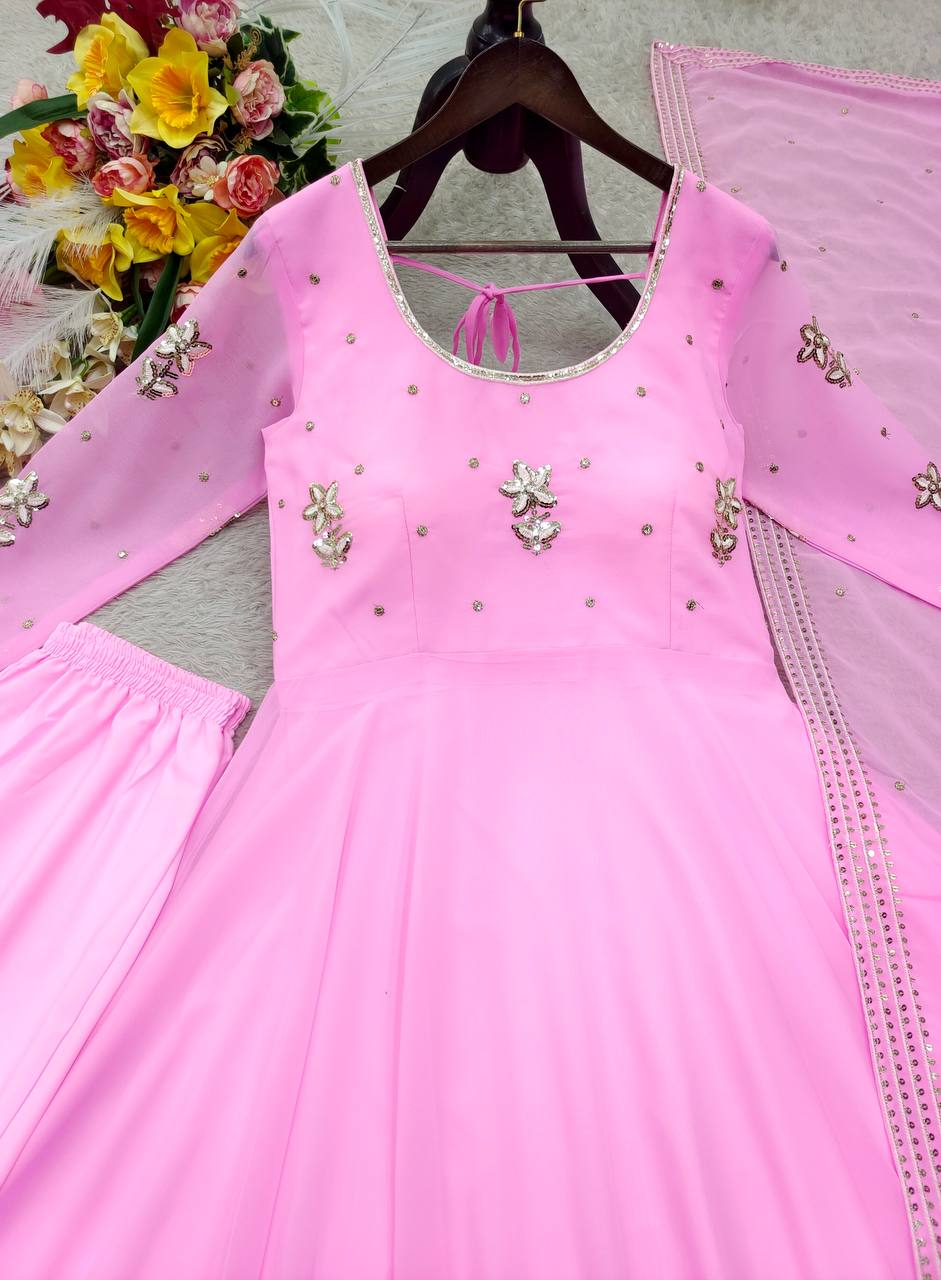Designer Light Pink Pure Fox Georgette Sequence Embroidery Gown, Pant & Dupatta Set with Padded Bust & Latkan