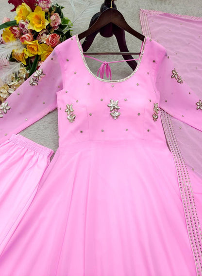 Designer Light Pink Pure Fox Georgette Sequence Embroidery Gown, Pant & Dupatta Set with Padded Bust & Latkan