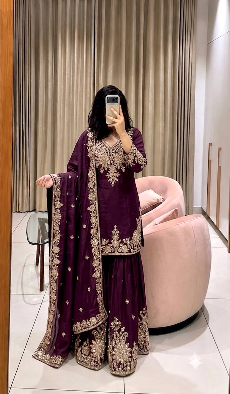 Designer Pure Fox Georgette Sequence Embroidery Work Top, Sharara & Dupatta Set
