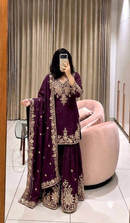 Designer Pure Fox Georgette Sequence Embroidery Work Top, Sharara & Dupatta Set