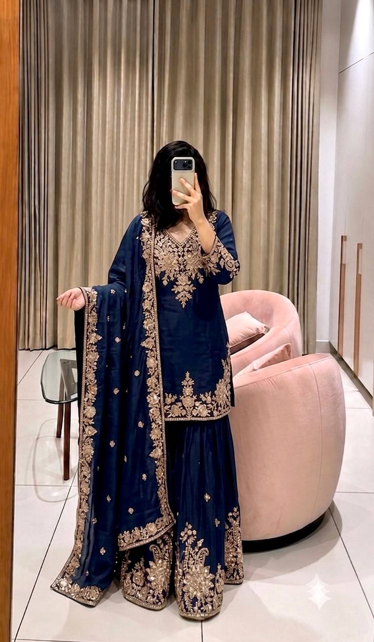 Designer Pure Fox Georgette Sequence Embroidery Work Top, Sharara & Dupatta Set