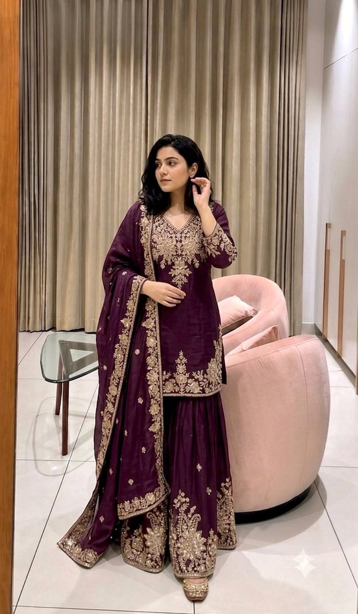 Designer Pure Fox Georgette Sequence Embroidery Work Top, Sharara & Dupatta Set