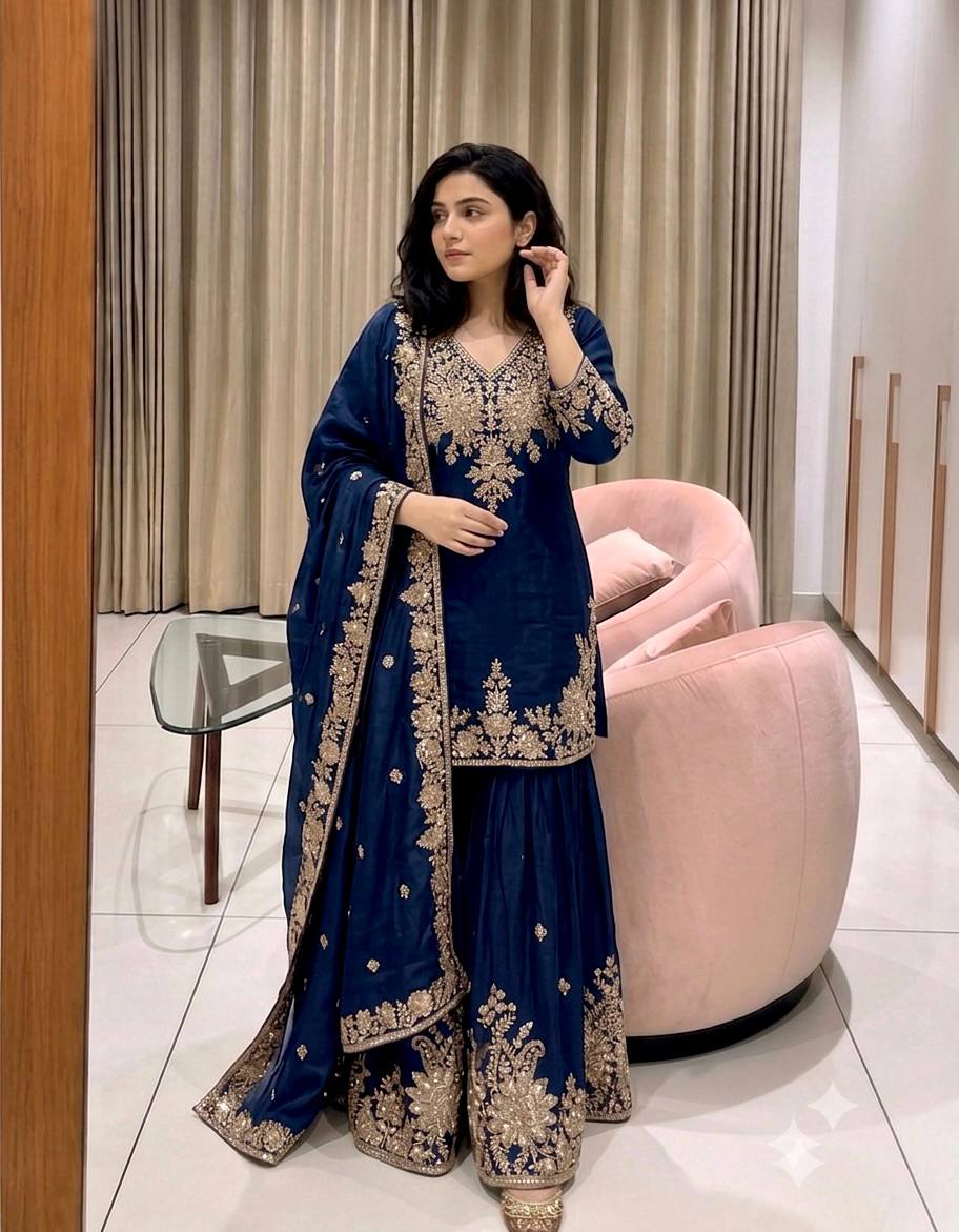 Designer Pure Fox Georgette Sequence Embroidery Work Top, Sharara & Dupatta Set