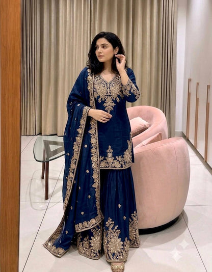 Designer Pure Fox Georgette Sequence Embroidery Work Top, Sharara & Dupatta Set