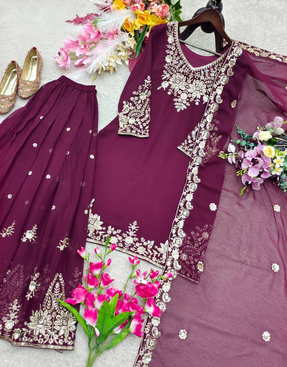 Designer Pure Fox Georgette Sequence Embroidery Work Top, Sharara & Dupatta Set