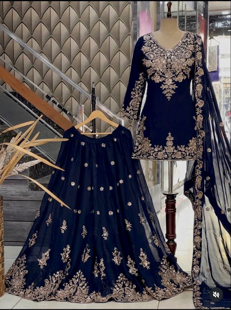 Designer Pure Fox Georgette Sequence Embroidery Work Top, Sharara & Dupatta Set