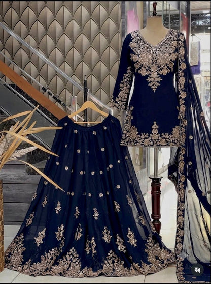 Designer Pure Fox Georgette Sequence Embroidery Work Top, Sharara & Dupatta Set