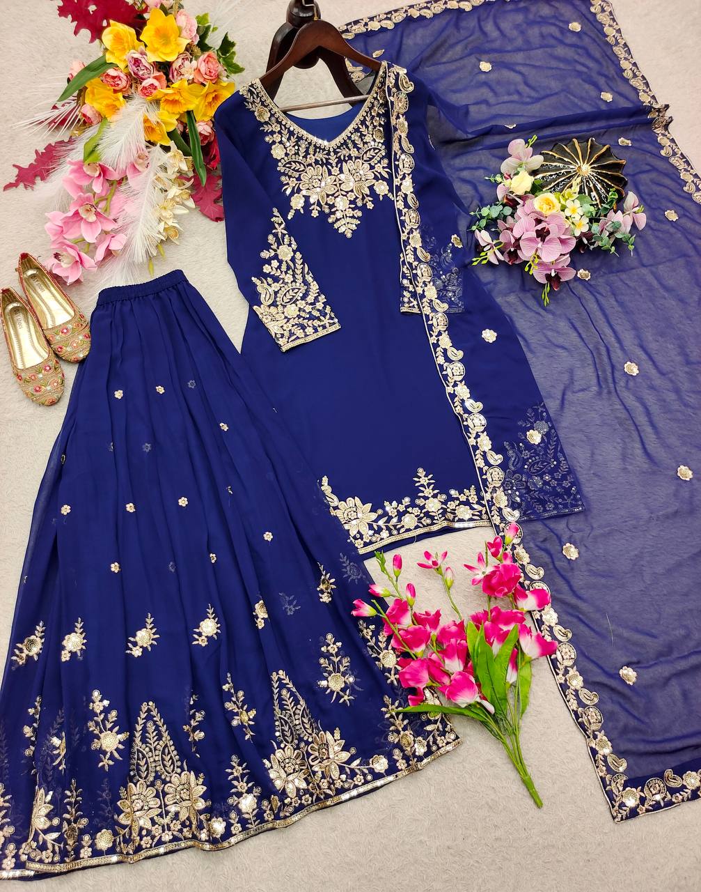 Designer Pure Fox Georgette Sequence Embroidery Work Top, Sharara & Dupatta Set