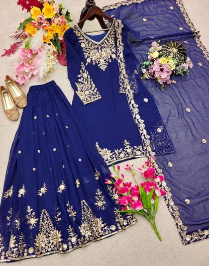 Designer Pure Fox Georgette Sequence Embroidery Work Top, Sharara & Dupatta Set