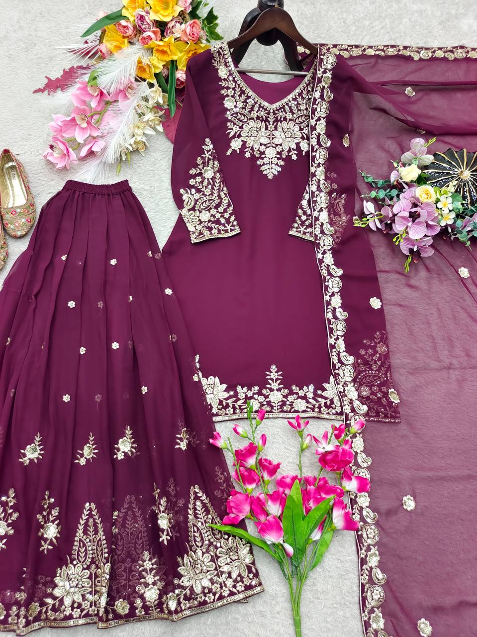 Designer Pure Fox Georgette Sequence Embroidery Work Top, Sharara & Dupatta Set