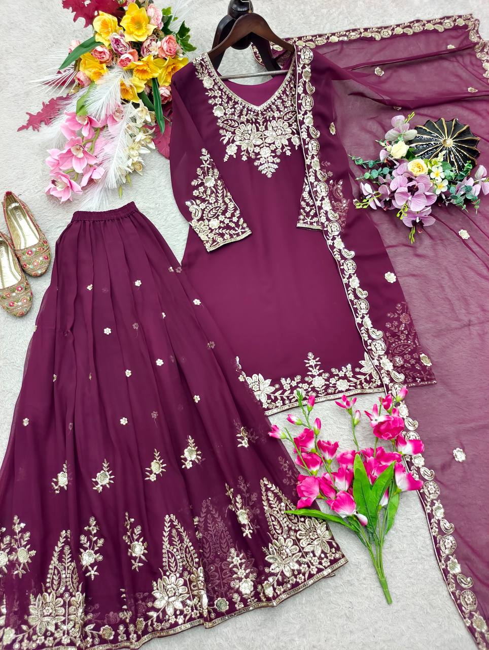 Designer Pure Fox Georgette Sequence Embroidery Work Top, Sharara & Dupatta Set