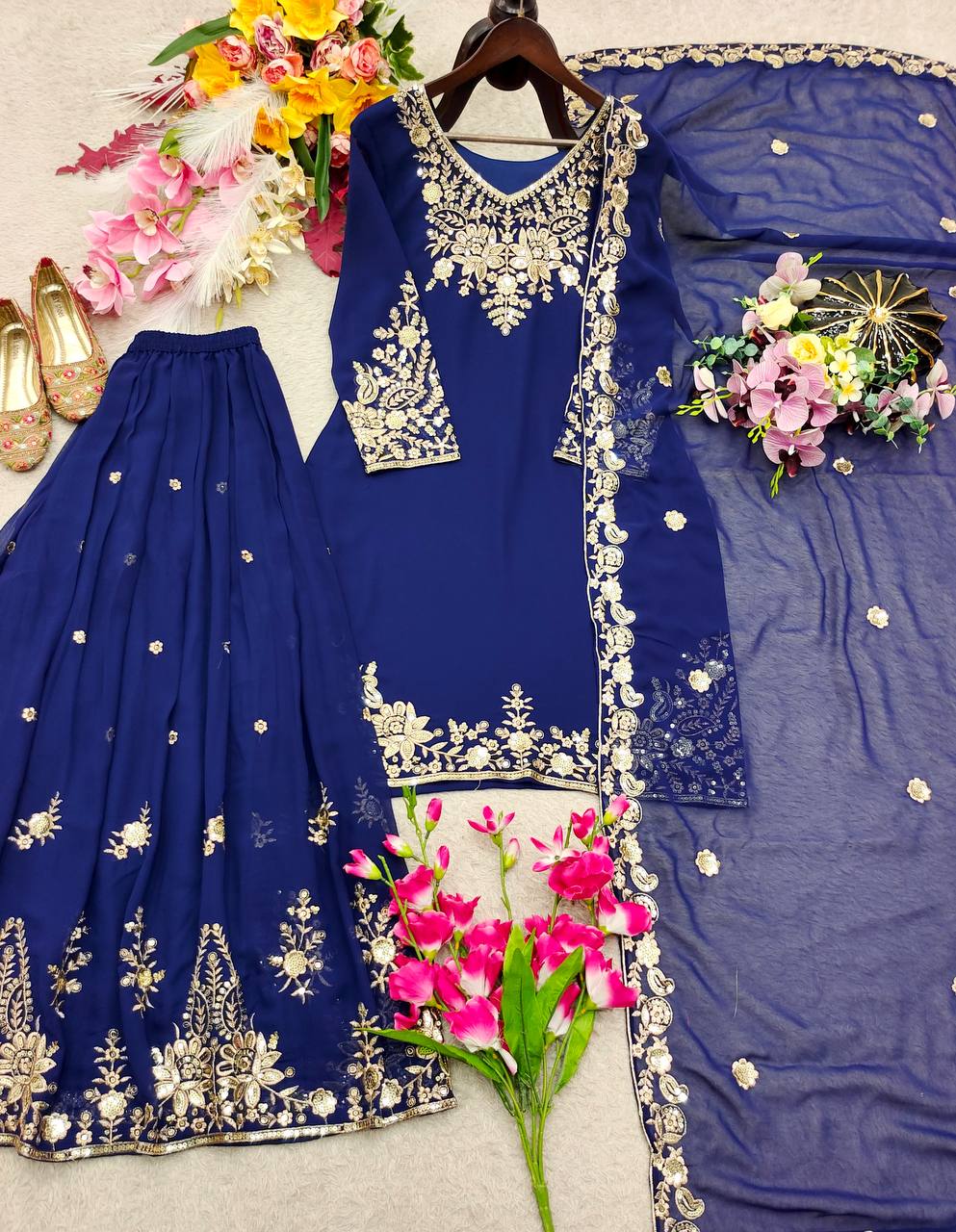 Designer Pure Fox Georgette Sequence Embroidery Work Top, Sharara & Dupatta Set