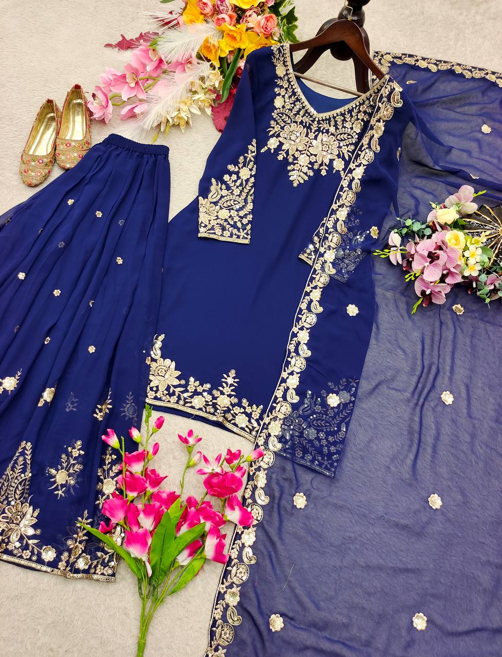 Designer Pure Fox Georgette Sequence Embroidery Work Top, Sharara & Dupatta Set