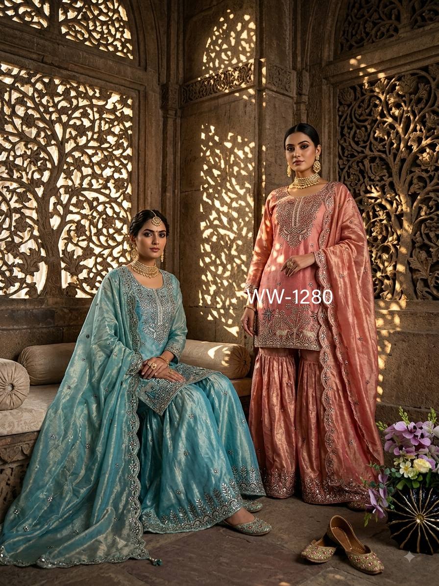 Designer Pure Fendy Silk Sequence Embroidery Work Top, Sharara & Dupatta Set