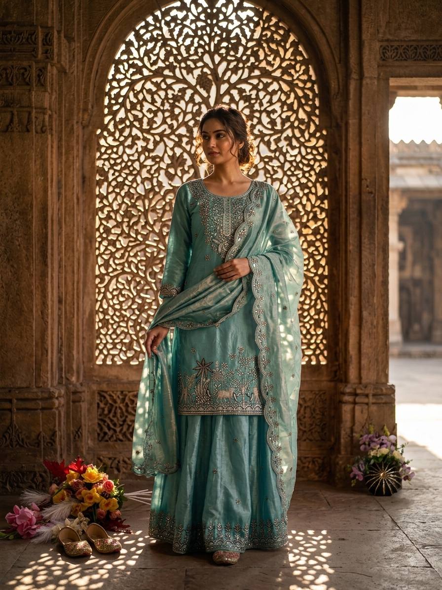 Designer Pure Fendy Silk Sequence Embroidery Work Top, Sharara & Dupatta Set