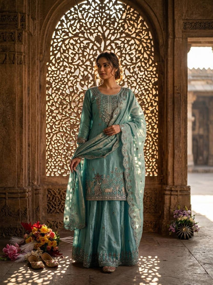 Designer Pure Fendy Silk Sequence Embroidery Work Top, Sharara & Dupatta Set