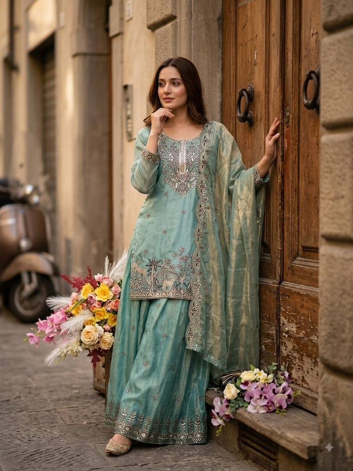 Designer Pure Fendy Silk Sequence Embroidery Work Top, Sharara & Dupatta Set