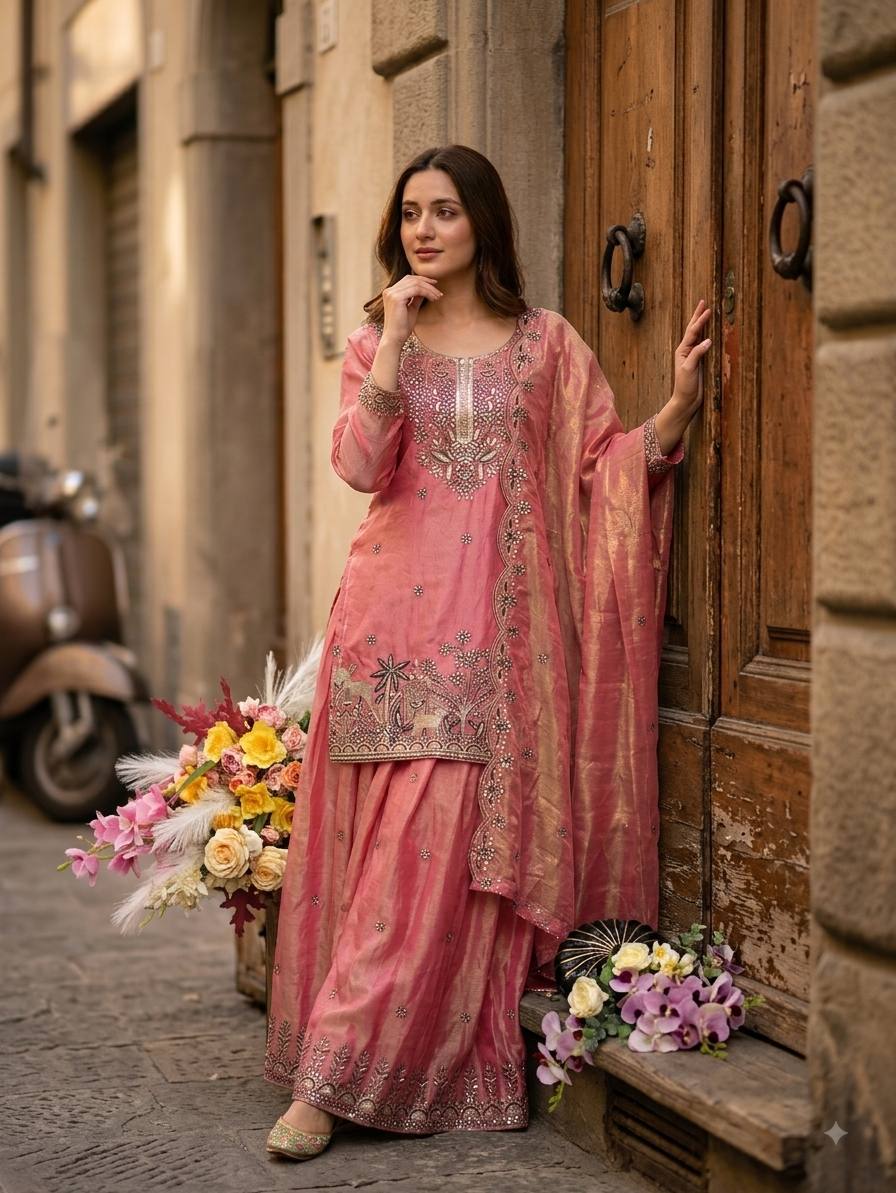 Designer Pure Fendy Silk Sequence Embroidery Work Top, Sharara & Dupatta Set