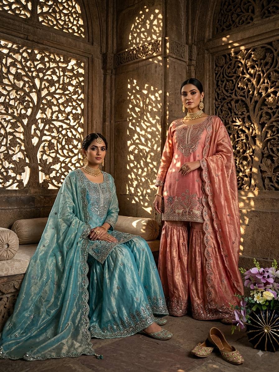Designer Pure Fendy Silk Sequence Embroidery Work Top, Sharara & Dupatta Set