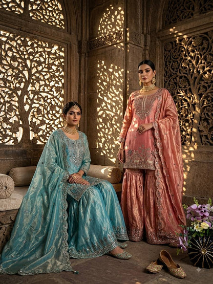Designer Pure Fendy Silk Sequence Embroidery Work Top, Sharara & Dupatta Set