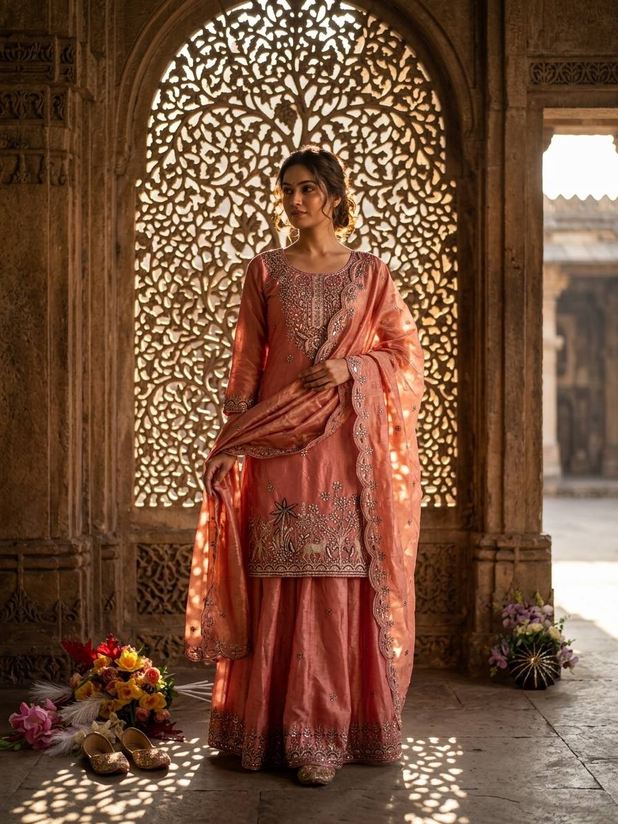 Designer Pure Fendy Silk Sequence Embroidery Work Top, Sharara & Dupatta Set