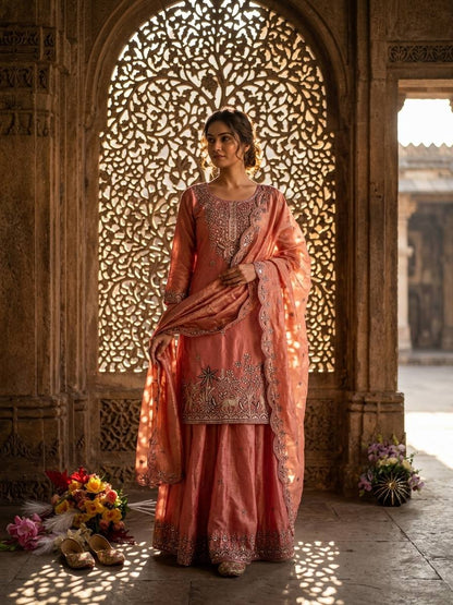 Designer Pure Fendy Silk Sequence Embroidery Work Top, Sharara & Dupatta Set
