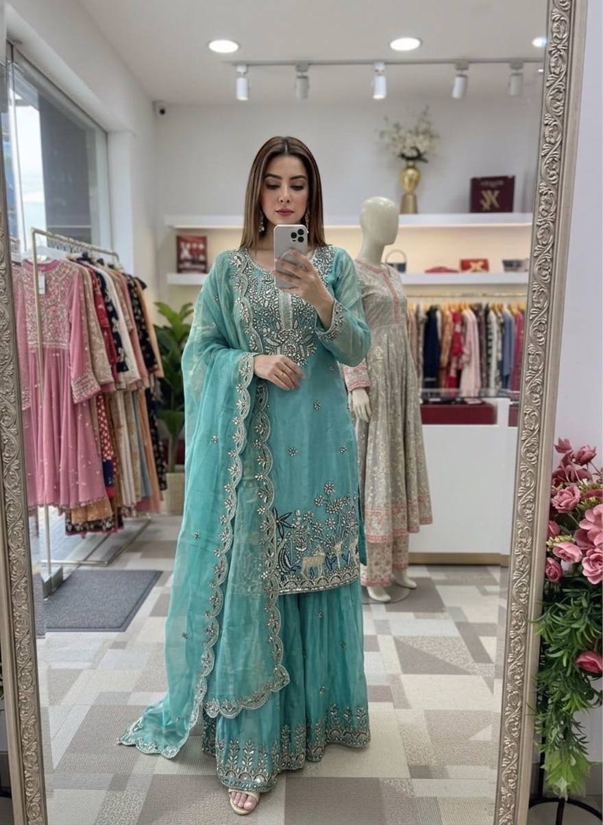 Designer Pure Fendy Silk Sequence Embroidery Work Top, Sharara & Dupatta Set