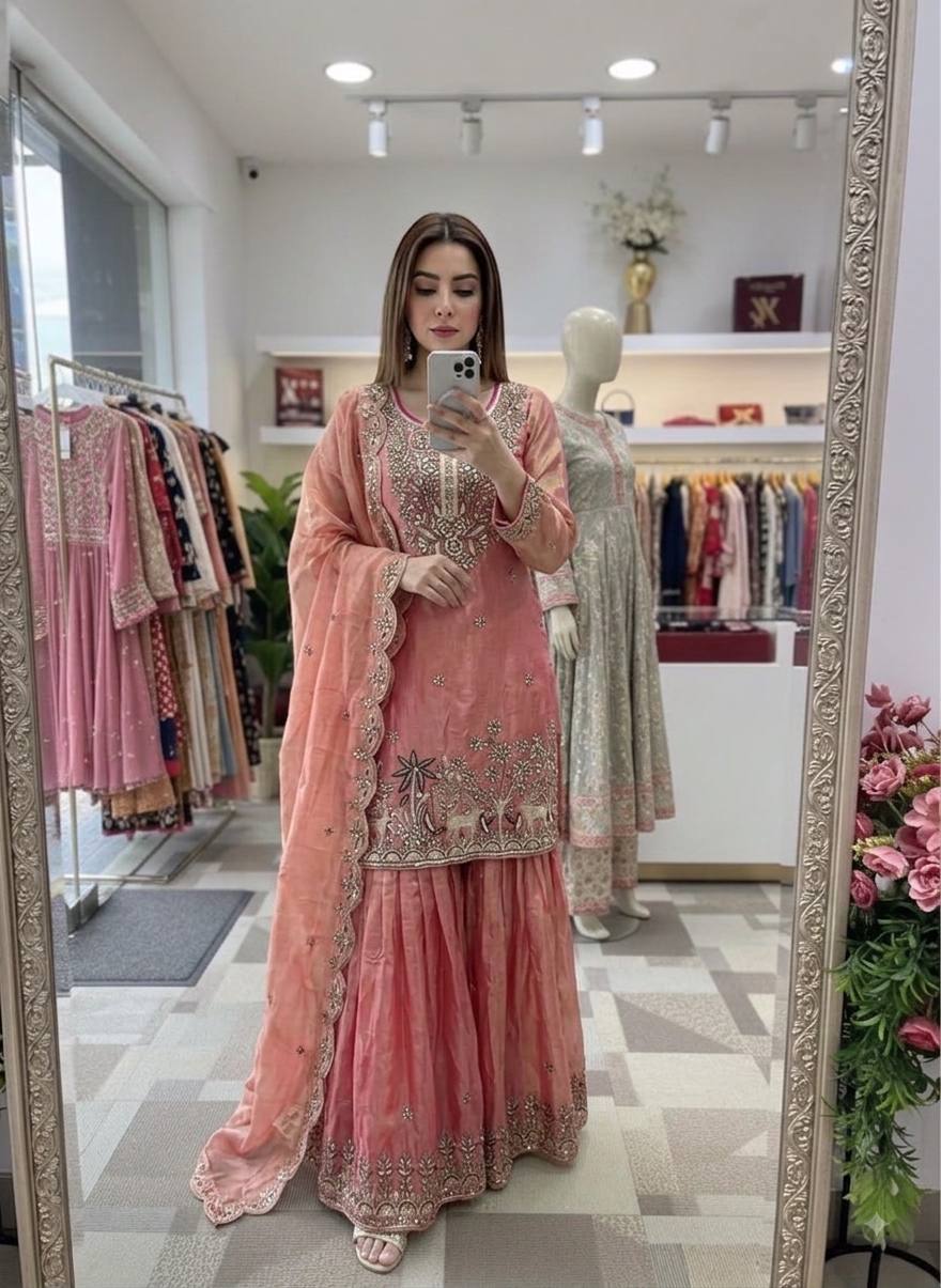 Designer Pure Fendy Silk Sequence Embroidery Work Top, Sharara & Dupatta Set