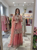 Designer Pure Fendy Silk Sequence Embroidery Work Top, Sharara & Dupatta Set