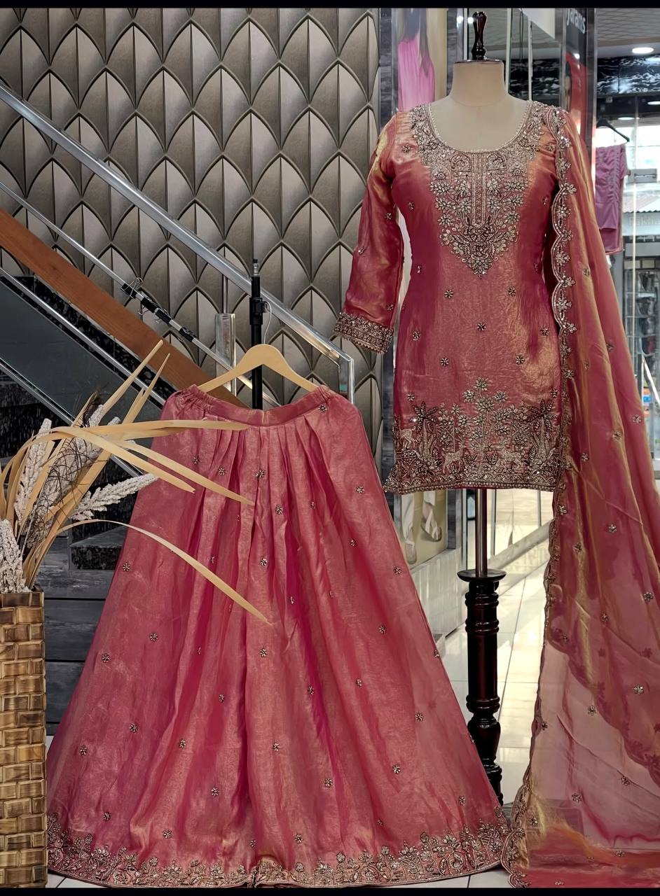 Designer Pure Fendy Silk Sequence Embroidery Work Top, Sharara & Dupatta Set