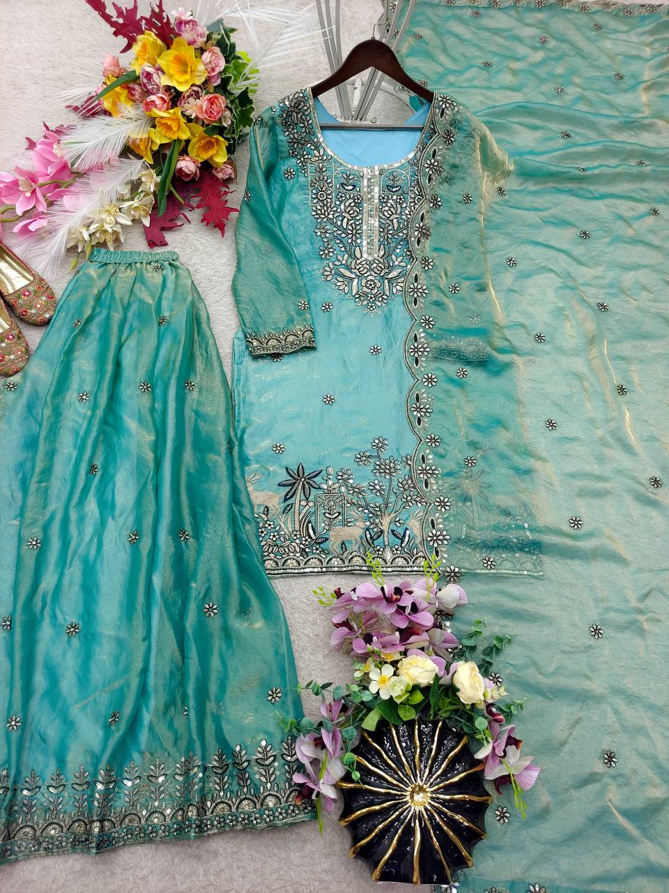 Designer Pure Fendy Silk Sequence Embroidery Work Top, Sharara & Dupatta Set