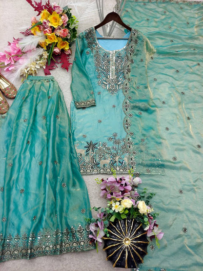 Designer Pure Fendy Silk Sequence Embroidery Work Top, Sharara & Dupatta Set