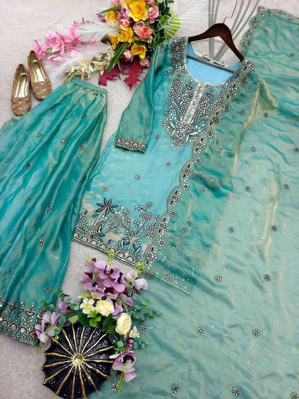 Designer Pure Fendy Silk Sequence Embroidery Work Top, Sharara & Dupatta Set